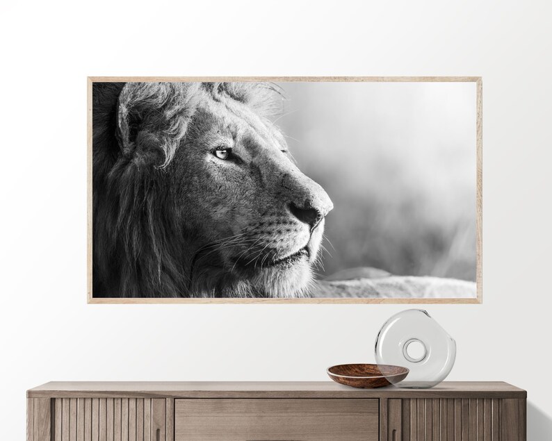 Samsung Frame TV Art, Black and White Lion Closeup, Animal Art for