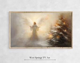 May include: A painting of an angel with large white wings standing in front of a snowy Christmas tree with glowing lights. The angel is wearing a white gown and has long blonde hair. The background is a soft, golden glow.