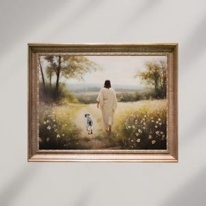 Jesus Walks with Dog, Faith and Hope, Pet Dog memorial printable, Digital Download,Vintage Style Christian Painting,Religious Gift,Dog Lover