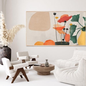 May include: Abstract art print featuring a stylized floral arrangement with orange, red, and green flowers and leaves on a cream background.