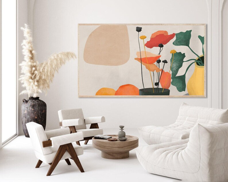 May include: Abstract art print featuring a stylized floral arrangement with orange, red, and green flowers and leaves on a cream background.