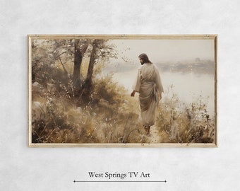 Samsung Frame TV Art, Come Follow Me, Jesus Walking, Vintage Style Landscape, Bible Art, Christian Religious oil painting, Digital Download