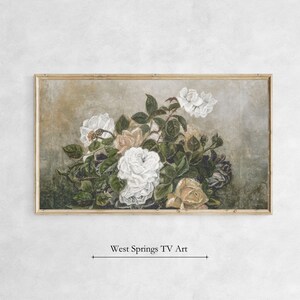 Samsung Frame TV Art Vintage Oil Painting Fancy Roses, Still Life Flora tv wallpaper, instant digital download, Cottagecore Home Wall Décor
