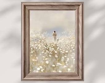 Jesus Leaves the 99 Painting, Good Shepherd, Parable of The Lost Sheep, Digital Download,Religious Print,Modern Christian Printable Wall Art