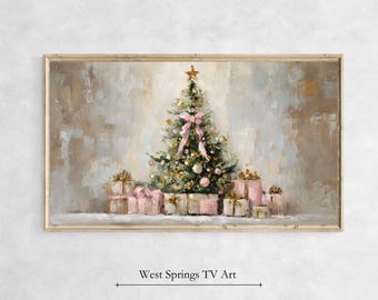 Samsung Frame TV Art, Christmas Tree painting, pink coquette Winter Holiday Tv Art, Instant Digital Download, digital art,Festive Home Décor