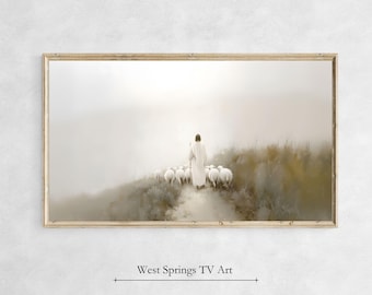 May include: A painting of a man in white robes walking with a staff, leading a flock of white sheep through a misty landscape.
