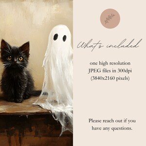 Pode incluir: Um gatinho preto com olhos amarelos senta-se em uma superf&iacute;cie de madeira ao lado de um fantasma branco. O fantasma &eacute; semitransparente e parece flutuar.