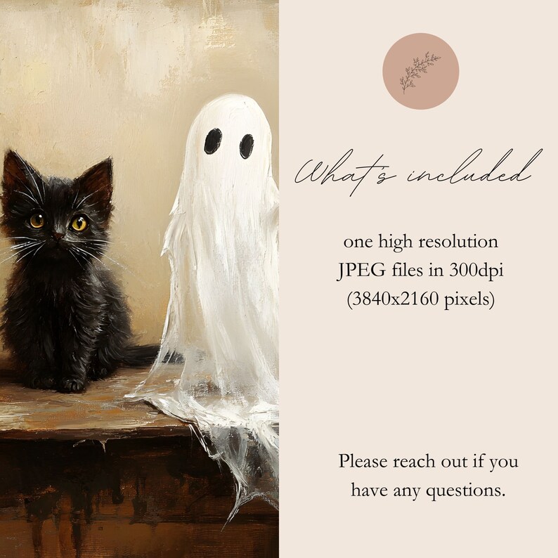 Pode incluir: Um gatinho preto com olhos amarelos senta-se em uma superf&iacute;cie de madeira ao lado de um fantasma branco. O fantasma &eacute; semitransparente e parece flutuar.