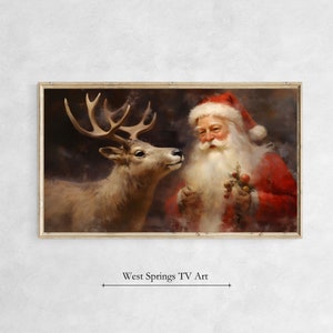 Christmas Frame TV Art Santa Claus and Reindeer Painting, Holiday Xmas Tv Art, Instant Download, digital art, tv wallpaper, digital download