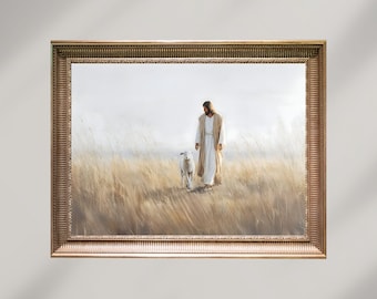 Jesus Leaves the 99 Painting, Good Shepherd, Parable of The Lost Sheep, Digital Download,Religious Print,Modern Christian Printable Wall Art