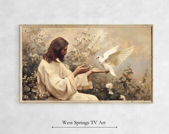 Samsung Frame TV Art, Jesus and Pigeon, peace in Christ,Jesus Portrait,Vintage Style Bible Art,Christian Religious painting,Digital Download