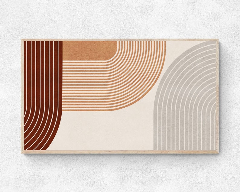 May include: Abstract geometric art print with a brown, orange, and gray color scheme. The print features curved lines and shapes.