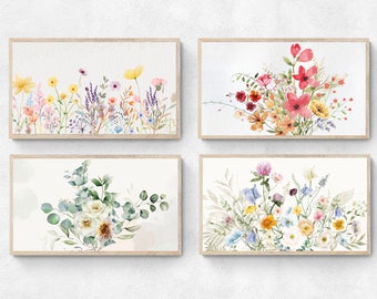 May include: Set of four watercolor floral prints featuring different arrangements of flowers in various colors, including pink, red, yellow, blue, and green. The prints are framed in a light wood frame.