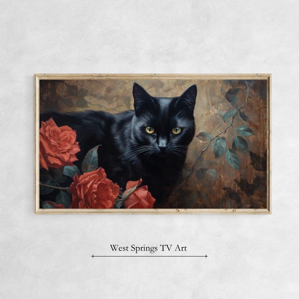 Samsung Frame TV Art, Black Cat and Red Roses Close-up, Halloween Animal TV Art, Instant Download, Frame TV Art, digital tv art,tv wallpaper