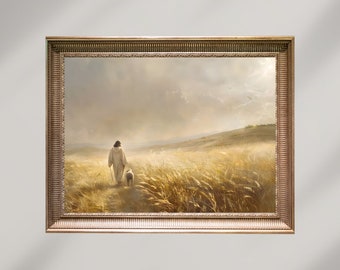 Jesus Leaves the 99 Painting, Good Shepherd, Parable of The Lost Sheep, Digital Download,Religious Print,Modern Christian Printable Wall Art
