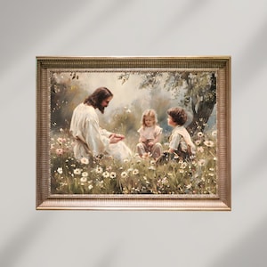 May include: A painting of Jesus sitting in a field of flowers with two children. Jesus is wearing a white robe and has a beard. The children are wearing colorful clothing. The painting is framed in a gold frame.