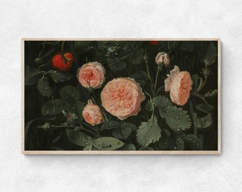 Samsung Frame TV Art, Vintage Dark Floral Painting, Moody Botanical, Roses Still Life, Instant Download, digital art for tv, tv wallpaper