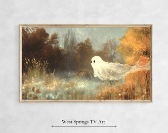 Halloween Frame TV Art, Cute Ghost in the woods, Halloween Ghost Painting, Instant Download, Fall Décor, Vintage Neutral Landscape Painting