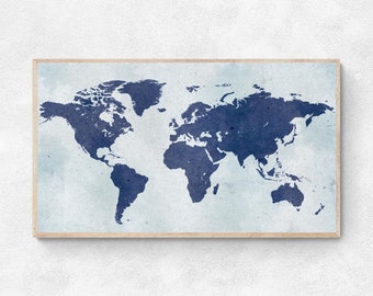 Samsung Frame TV Art, Vintage World Map, Blue World Map, Instant Download, digital art for tv, tv wallpaper, Home office décor, 4k tv art