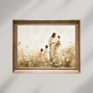 May include: A painting of Jesus Christ walking through a field of flowers with three children. The children are dressed in white and the flowers are white and yellow. The painting is framed in a gold frame.