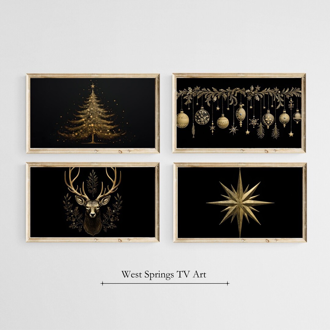 Christmas Frame TV Art Gold Glitter Bundle, Xmas Trees, Reindeer