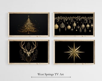 Christmas Frame TV Art Gold Glitter Bundle, Xmas Trees, Reindeer, Holiday Dark Academia Tv Art, digital tv art wallpaper, Instant Download