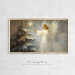 Frame TV Art Vintage Painting Angel Lighting Up Christmas Tree ,Instant Download, tv wallpaper, digital download, Religious TV Art, Xmas Art