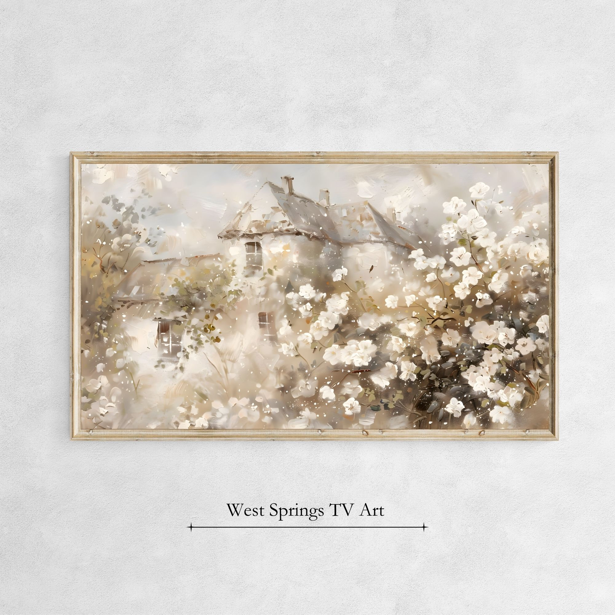 Frame TV Art Spring Country Cottage, Vintage Landscape painting, Muted tone, digital download, Neutral Soft, Farmhouse Décor, Summer Tv Art