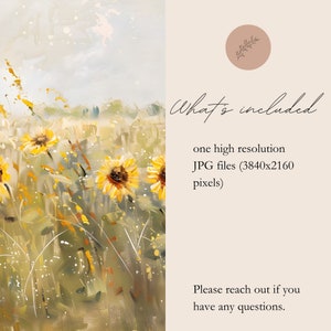 May include: A digital painting of a field of sunflowers in shades of yellow, green, and white. The sunflowers are in various stages of bloom, with some fully open and others still in bud. The background is a soft, hazy blue.
