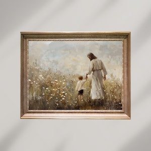 Jesús y el niño pequeño caminando en un campo de flores, Niño de Dios, Descarga digital, Impresión religiosa cristiana, Arte de pared imprimible de la Biblia moderna