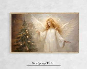 May include: A painting of an angel with golden hair and white wings, standing in front of a Christmas tree with twinkling lights.