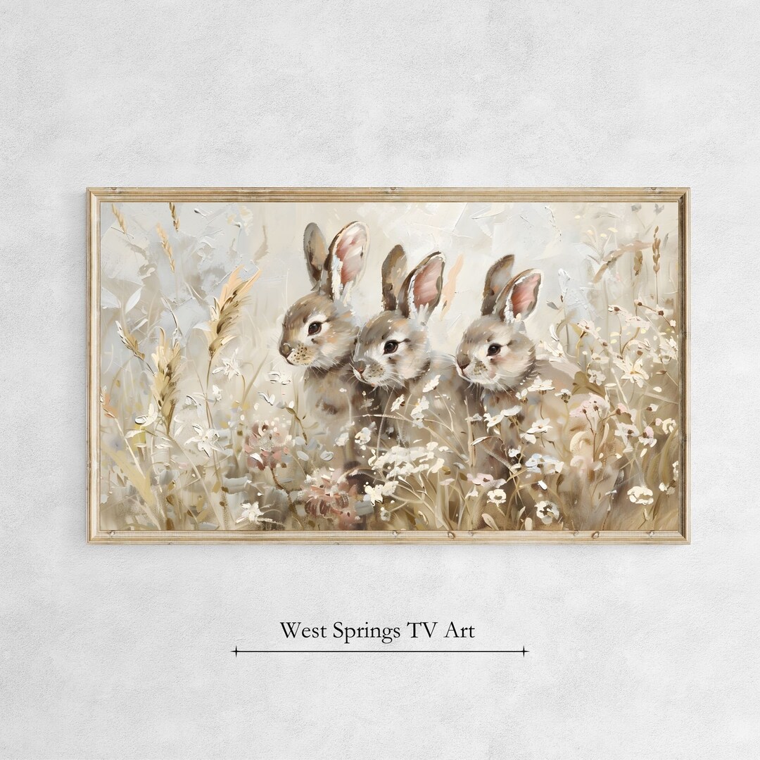 Pruning Frame Rabbit Frame TV Art, Easter Bunnies in Flower Field, Oil Painting Spring ...