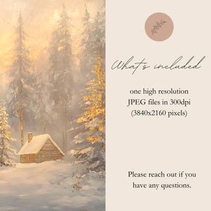 May include: A digital painting of a snowy winter scene with a small wooden cabin in the foreground. The cabin has a snow-covered roof and a chimney. The trees in the background are covered in snow and frost. The sky is a soft, golden color.