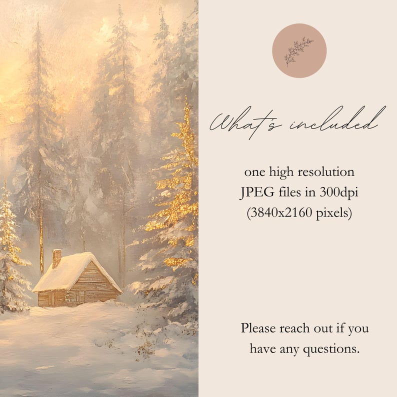 May include: A digital painting of a snowy winter scene with a small wooden cabin in the foreground. The cabin has a snow-covered roof and a chimney. The trees in the background are covered in snow and frost. The sky is a soft, golden color.
