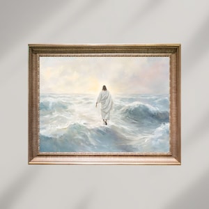 Jesus Walks on Water Painting, Digital Download, Christian Religious Art Print, Jesus Christ, Modern Bible Printable Wall Art, Neutral Muted