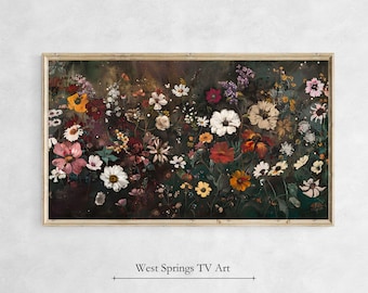 Samsung Frame TV-konst, mörka stämningsfulla vildblommor, botanisk målning i vintagestil, vår- och sommar-TV-konst, omedelbar nedladdning, digital nedladdning