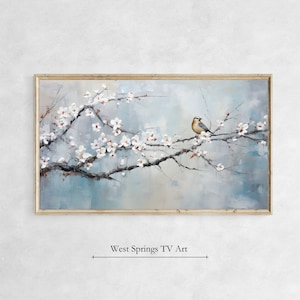 Samsung Frame TV Art, Bird on plum blossom tree branch, Animal art for frame tv, Instant Download, tv wallpaper,Winter Flower Muted Painting