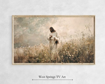 May include: A painting of Jesus in a white robe holding a white lamb in a field of wildflowers. The background is a soft, hazy blue and white.