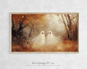 Halloween Frame TV Art, Cute Ghost in the woods, Halloween Ghost Painting, Instant Download, Fall Décor, Vintage Neutral Landscape Painting