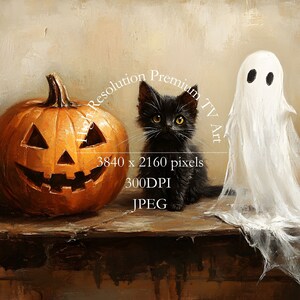 Pode incluir: Um gatinho preto senta-se ao lado de uma ab&oacute;bora talhada em forma de jack-o'-lantern e um fantasma branco. A cena &eacute; pintada em um estilo realista.