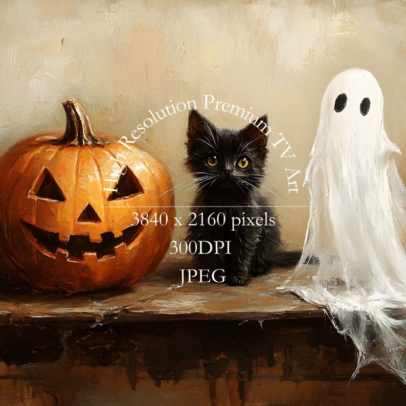 Pode incluir: Um gatinho preto senta-se ao lado de uma ab&oacute;bora talhada em forma de jack-o'-lantern e um fantasma branco. A cena &eacute; pintada em um estilo realista.