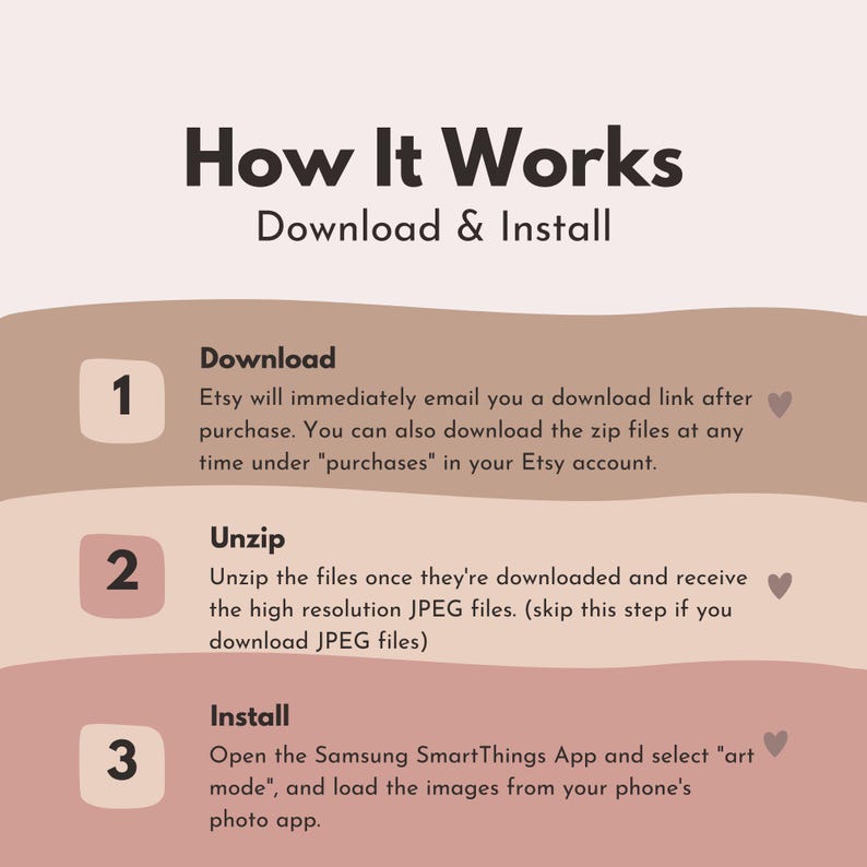 May include: A three-step guide on how to download, unzip, and install Samsung SmartThings art mode. The guide features a pink background with white text and numbers.