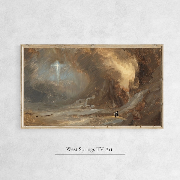 Frame TV Art Vintage Painting Christian Cross in Cave ,Instant Download, digital art, tv wallpaper, digital download, Religious TV Art