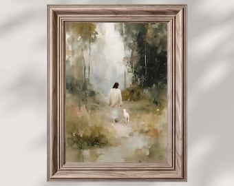 Jesus Leaves the 99 Painting, Good Shepherd, Parable of The Lost Sheep, Digital Download,Religious Print,Modern Christian Printable Wall Art