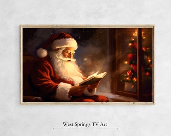Samsung Frame TV Art Santa reading book, Christmas Painting, Instant Download, digital art,tv wallpaper, digital download Xmas holiday décor