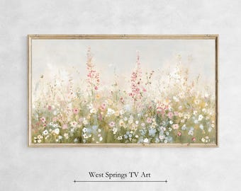 May include: A framed painting of a field of wildflowers in shades of pink, white, and blue. The flowers are painted in a soft, impressionistic style, and the background is a hazy blue.