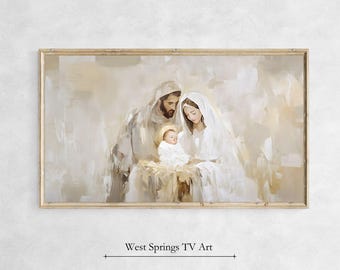 Moldura de Natal TV Arte Natividade Maria José e Menino Jesus na Manjedoura, Nascimento de Jesus, Download instantâneo, Fé cristã, Pintura religiosa
