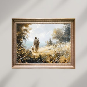 Jesus Leaves the 99 Painting, Good Shepherd, Parable of The Lost Sheep, Digital Download,Religious Print,Modern Christian Printable Wall Art