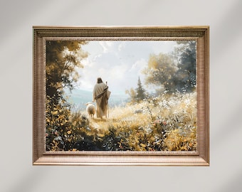Jesus Leaves the 99 Painting, Good Shepherd, Parable of The Lost Sheep, Digital Download,Religious Print,Modern Christian Printable Wall Art