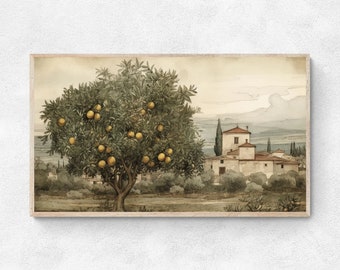 Samsung Frame TV Art Lemon tree Illustration, Watercolor tv art, Summer Landscape Instant Download,digital download,tv wallpaper, Home décor